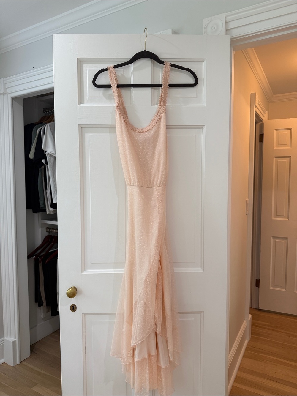 Sleeveless Peach Maxi Dress with Ruffle-Trim Straps